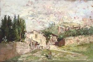 Figures before a Spanish village by Jose Gallegos Y Arnosa