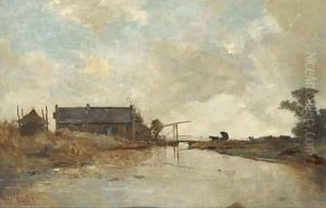 Tolbrug bij Kortenhoef a carriage approaching a drawbridge by Paul Joseph Constantine Gabriel