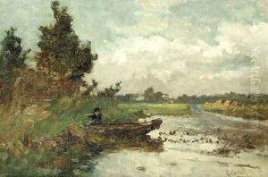 An angler in a polder landscape by Paul Joseph Constantine Gabriel