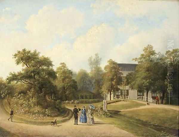 An elegant company promenading in the garden of a country house - view 1