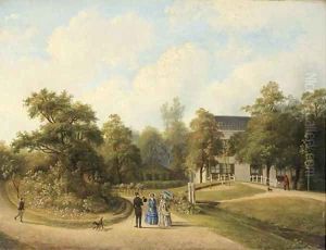 An elegant company promenading in the garden of a country house by Paul Joseph Constantine Gabriel
