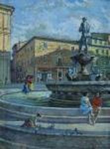 Roma, Figure In Piazza Nei Pressi Di Una Fontana by Filippo Anivitti