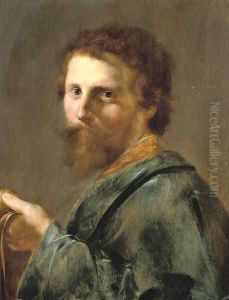Portrait of a man, bust-length, in a blue robe, holding his cap in his left hand by Pieter de Grebber