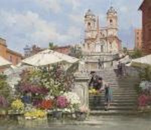 Selling Flowers On The Spanish Steps, Rome by Filippo Anivitti
