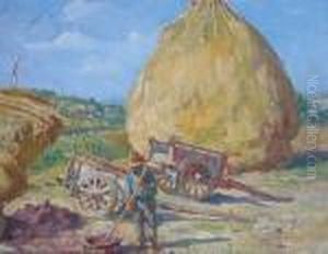 Paesaggio Di Campagna Con
Contadino E Covoni Di Paglia