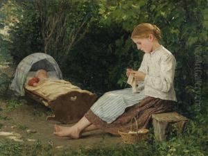 Knitting Girl Watching The Toddler In A Craddle by Albert Anker