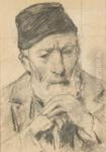 Portrat Eines Alten Mannes Mit Stock Und Mutze by Albert Anker