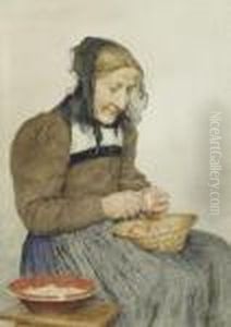 Portrait Of A Woman Peeling An Apple by Albert Anker