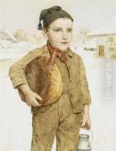 Boy With Milk Can And Loaf Of Bread by Albert Anker