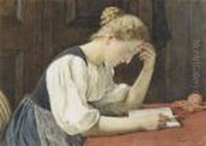 Young Woman Reading At A Table by Albert Anker
