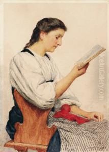 Lesende Jungebauerin, Sitzend Nach Rechts, In Einem Buch Lesend by Albert Anker