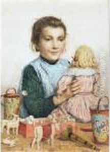 Girl With Doll And Toys by Albert Anker