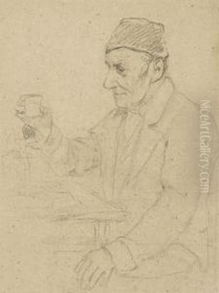 Alter Mann Am Tisch Mit Einem Glas In Der Hand - view 1
