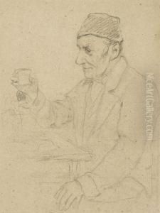 Alter Mann Am Tisch Mit Einem Glas In Der Hand
