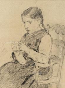 Strickendes Madchen Auf Einem Stuhl by Albert Anker