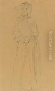Junge Frau Mit Kind Auf Dem Arm, In Ganzer Figur Von Schrag Hinten by Albert Anker