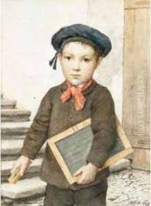 Schulknabe Mit Schiefertafel by Albert Anker