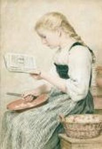 Sitzendes Lesendes Madchen Mit Apfeln by Albert Anker