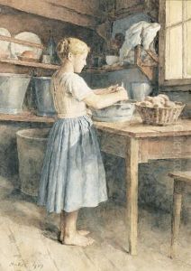 Stehendes Madchen, Kartoffel Schalend