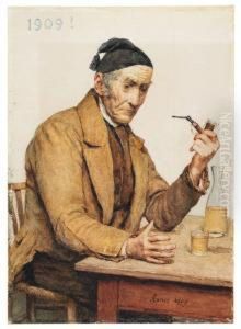Sitzender Bauer Mit Pfeife Und Weisswein by Albert Anker