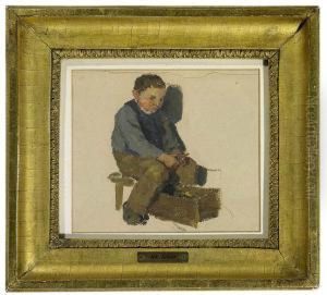 Sitzender Knabe, Gemuserustend. by Albert Anker