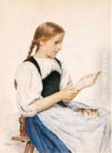 Lesendes Madchen Mit Katzchen by Albert Anker