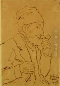 Brustbild Eines Pfeife Rauchenden Bauern Nach Rechts by Albert Anker