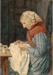 A Farmer's Wife, Sewing by Albert Anker