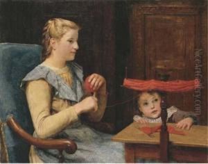 Vreneli Stucki Am Haspel Und Kind by Albert Anker