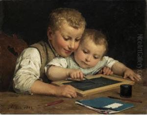 Zwei Kinder Mit Schiefertafel Two Children With A Slate Board by Albert Anker