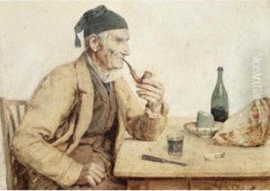 Peasant With A Pipe Sitting At A Table by Albert Anker