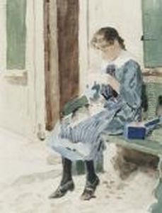 Vor Dem Anker-haus: Cecile Anker Mit Katze. by Albert Anker