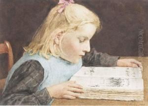 Blondhaariges Madchen Mit Schurze, In Ein Buch Vertieft.