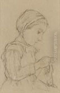 Strickendes Madchen. by Albert Anker