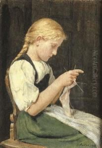 Strickendes Madchen by Albert Anker