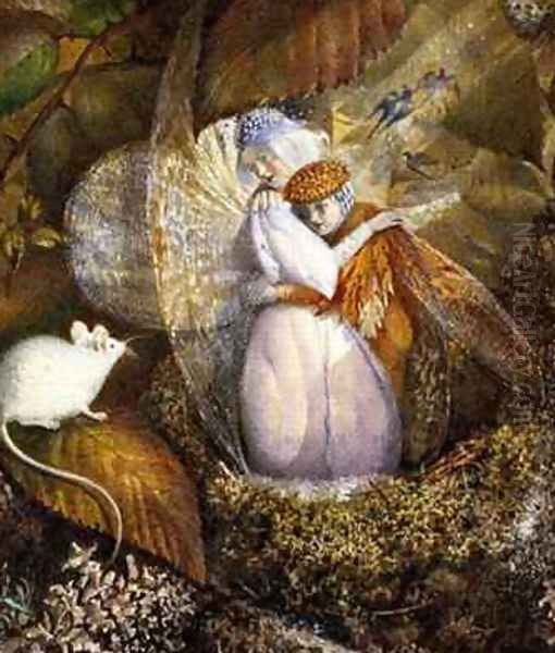 Fairy Lovers in a Birds Nest Watching a White Mouse - view 1