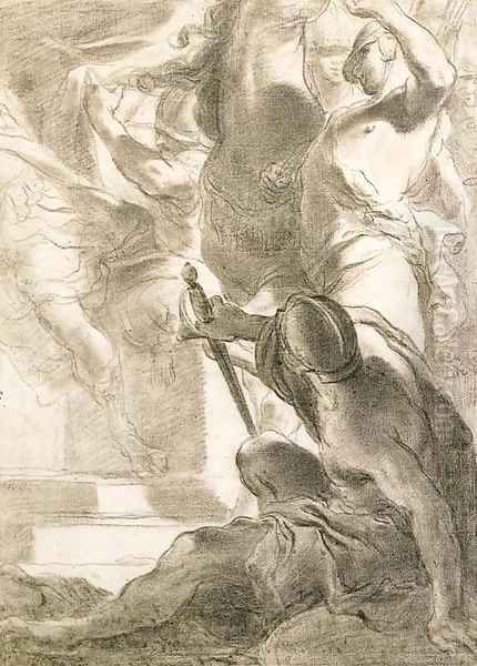 A seated soldier seen from behind, figures by a horse beyond - view 1