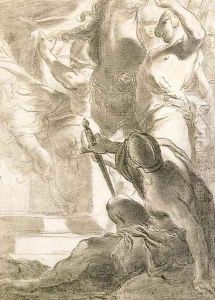 A seated soldier seen from behind, figures by a horse beyond by Gaetano Gandolfi