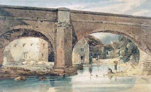 Wetherby Bridge, Yorkshire, looking through the bridge to the mills by Thomas Girtin