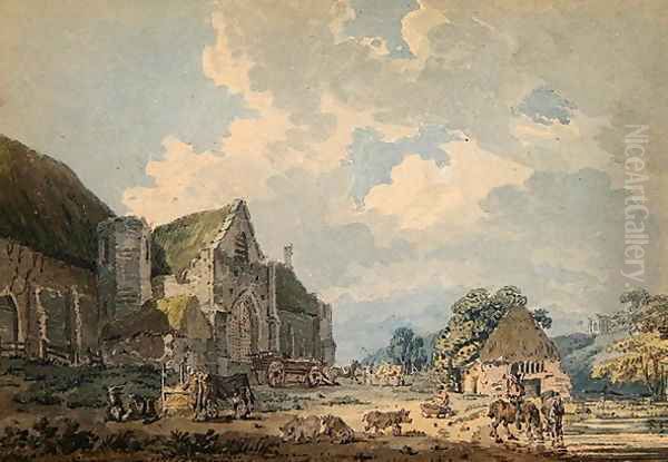 The Tithe Barn at Abbotsbury with the Abbey on the hill - view 1