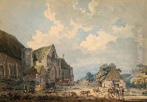 The Tithe Barn at Abbotsbury with the Abbey on the hill