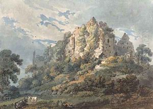 Okehampton Castle, Devon, with cattle and a herdsman in the foreground by Thomas Girtin