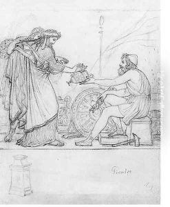 Anacreon receiving a Silver Vase from two standing Figures, with a study of a stele An Illustration to Anacreon's Ode XVII Anacreon receiving a Silver Vase from two standing Figures, with a study of a stele An Illustration to Anacreon's Ode XVII