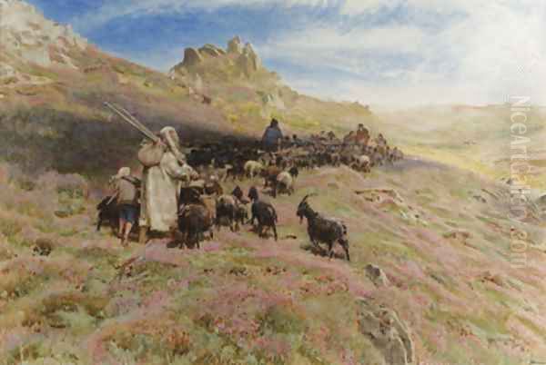 A shepherd with a flock of goats on a mountainside - view 1