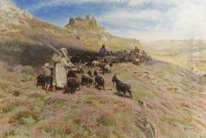 A shepherd with a flock of goats on a mountainside by Albert Goodwin