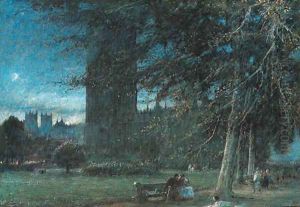 Figures seated on a bench, before the Houses of Parliament by Albert Goodwin