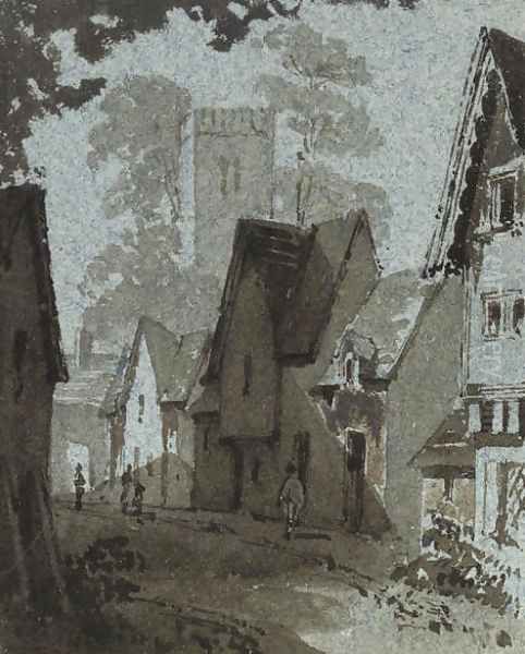 Figures outside Amberley Church - view 1