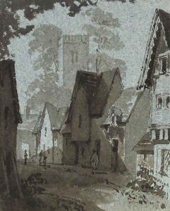 Figures outside Amberley Church by Albert Goodwin
