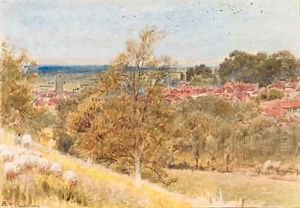 Glastonbury, sheep grazing on a hillside in the foreground, Somerset by Albert Goodwin
