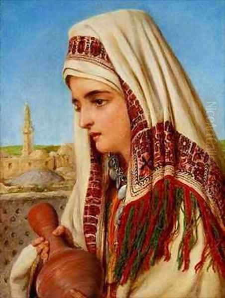 An Arab Woman with a head shawl carrying a water jug by William Gale